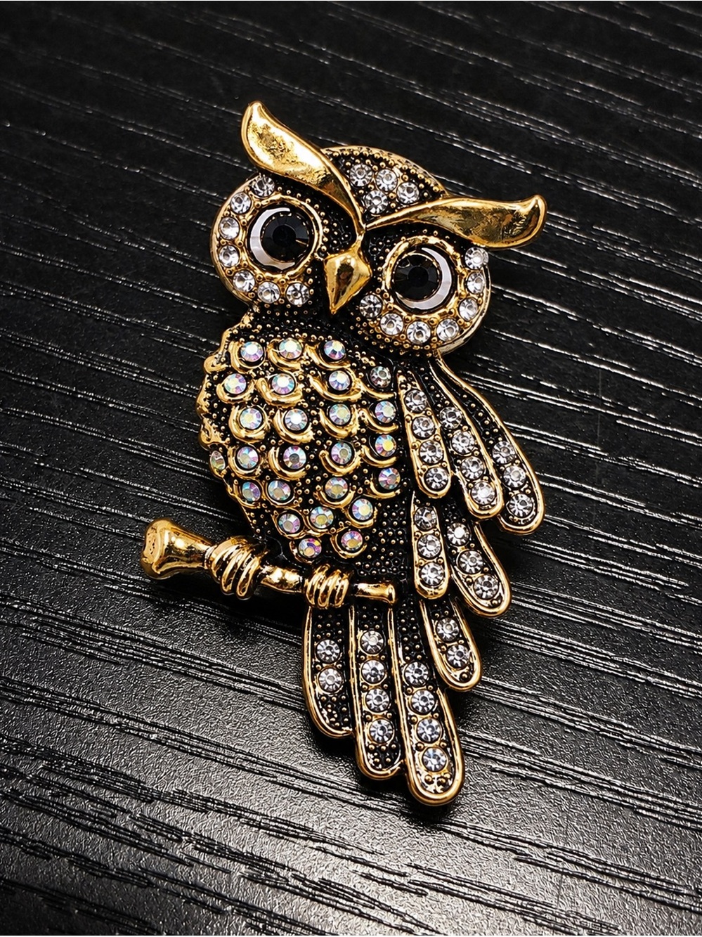 Gold Tone Owl Brooch Pin Rhinestone Crystal Black Eyes Vintage Style Bird